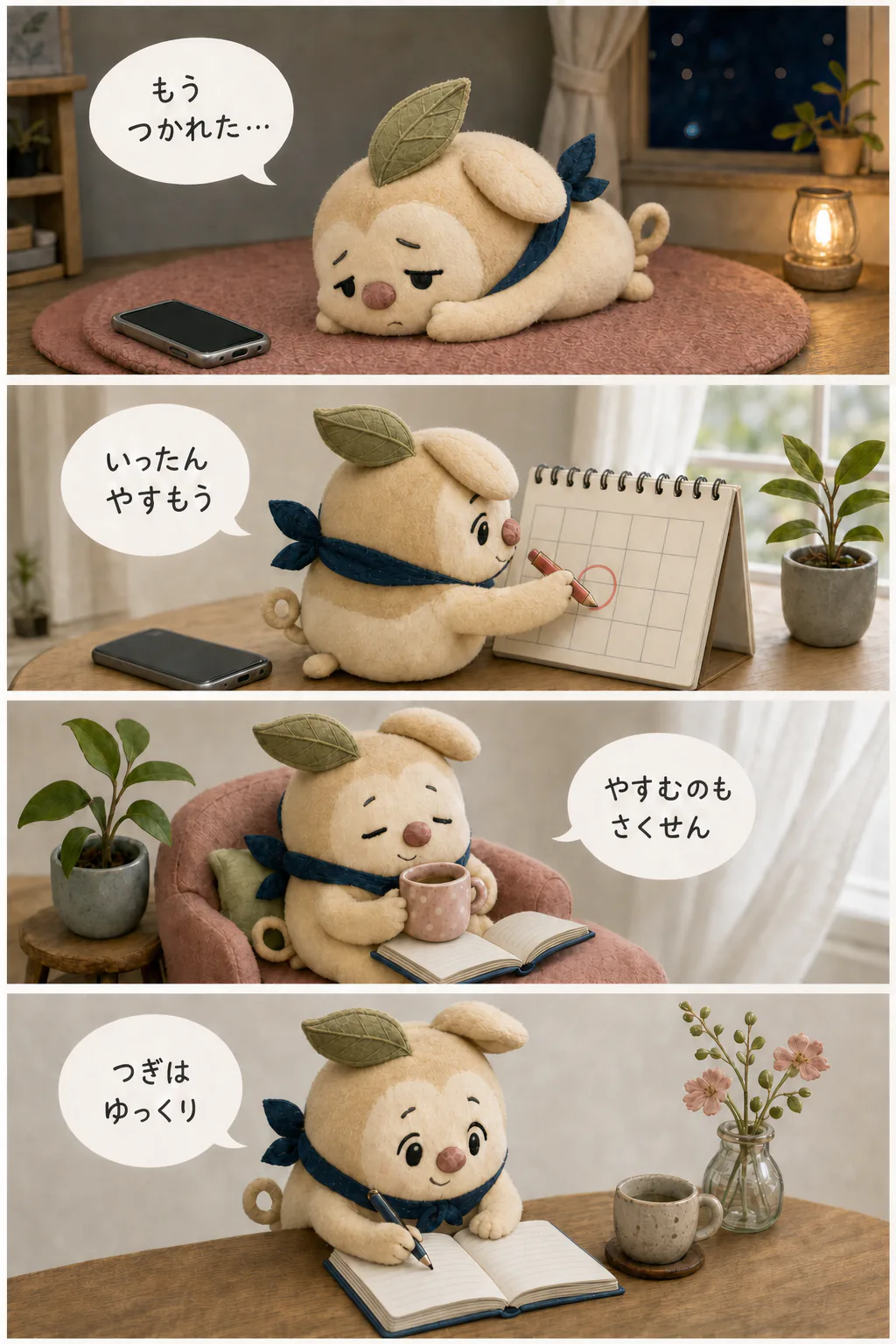 婚活に疲れた木の実のような手作りぬいぐるみキャラクターが、いったん休み、心を回復させ、無理のない再開を選ぶ様子を写した4コマ